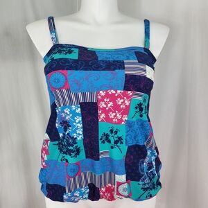 Cotton Traders Swim TANKINI TOP Womens Size 10 Blues Pink Floral Patchwork Pad